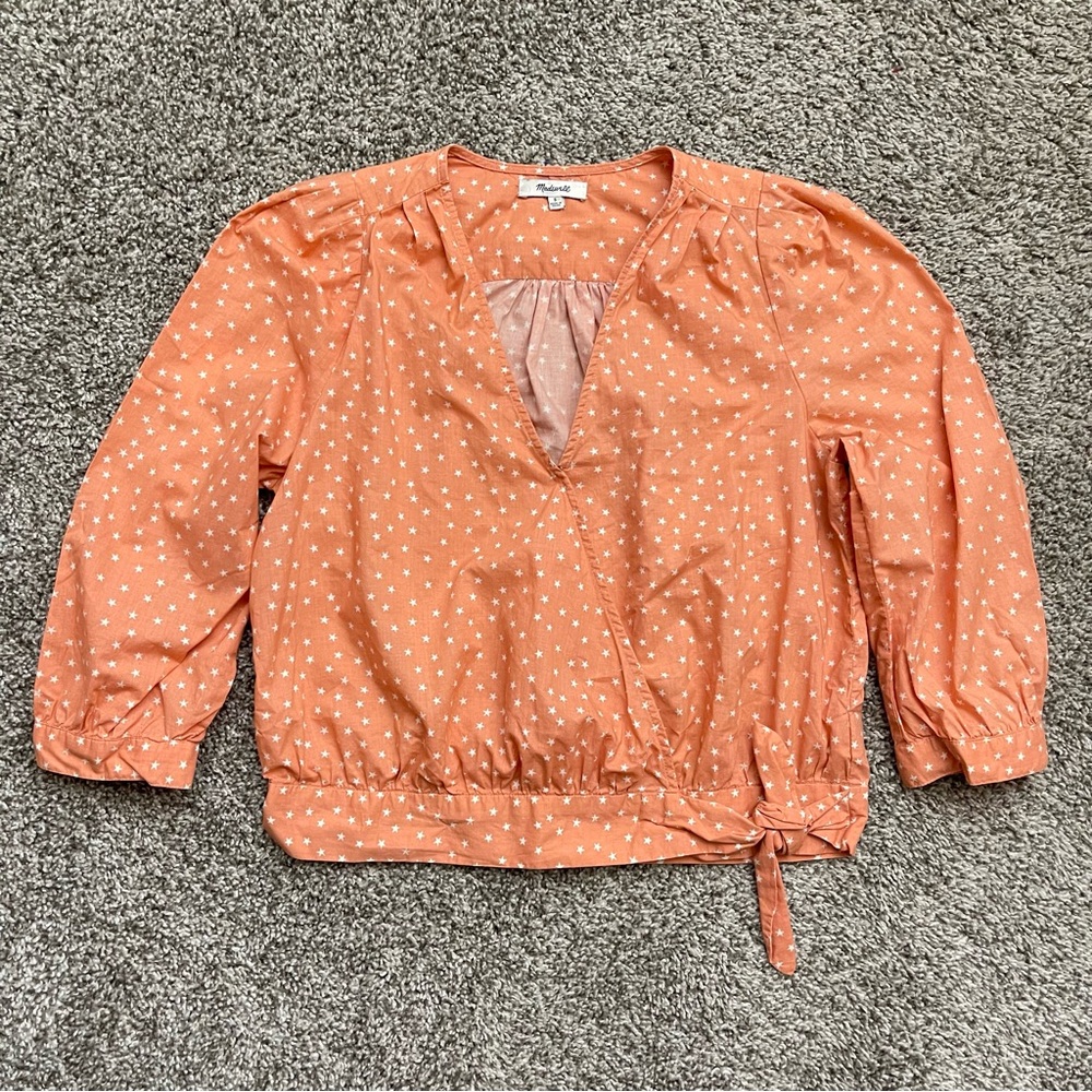 Madewell Star Print Cotton V-Neck Faux Wrap Blouse Coral Peach Women's Size S